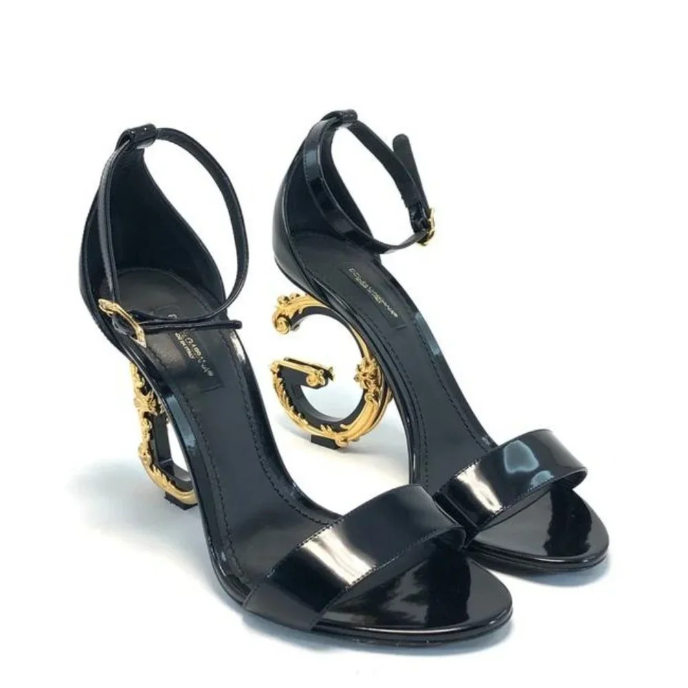 Dolce And Gabbana Black Sculpted Heel Patent Leather Sandals US7.5